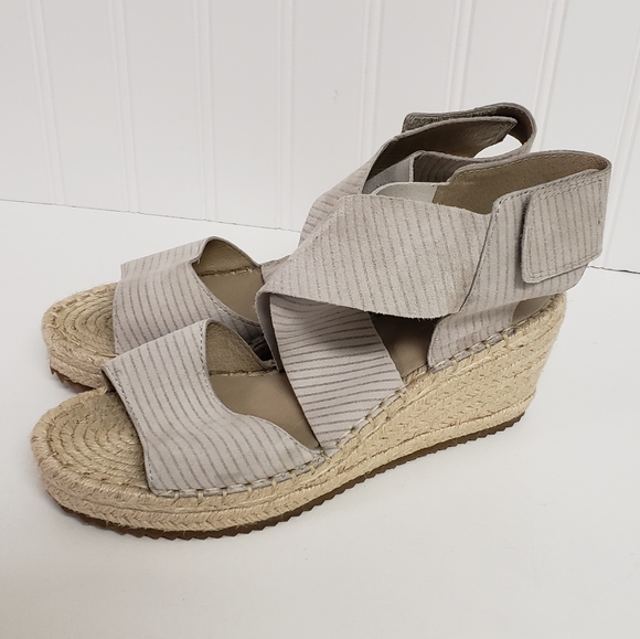 Eileen Fisher Willow Espadrille Wedge Sandals Velcro Striped Suede Straps Size 7 - Picture 1 of 7